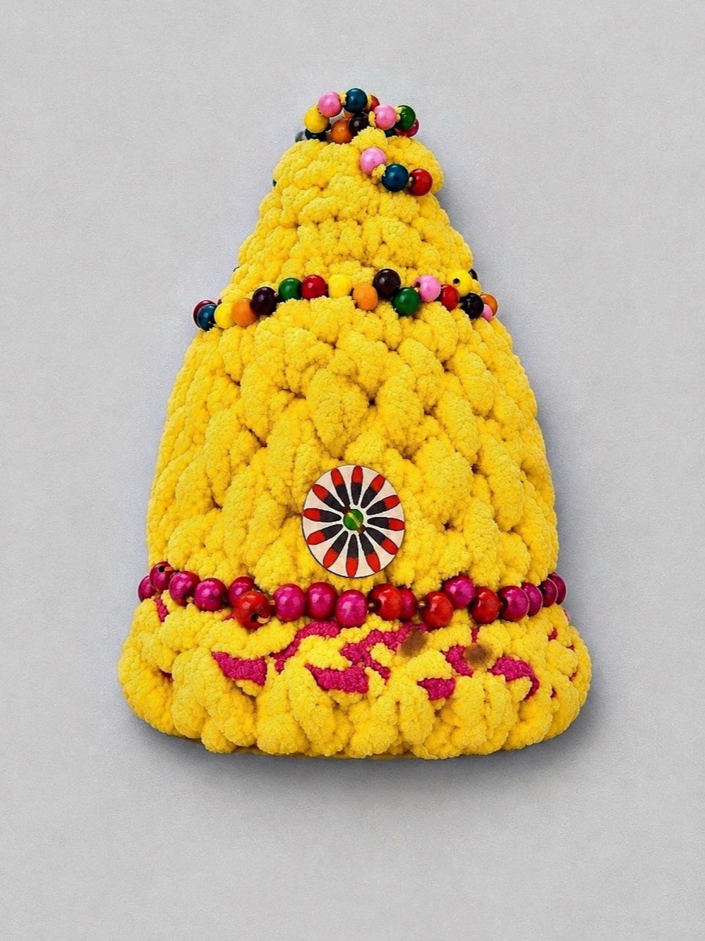 Handmade One of a Kind Yellow Chunky Yarn Hippie Pixie Hat Wooden Beads